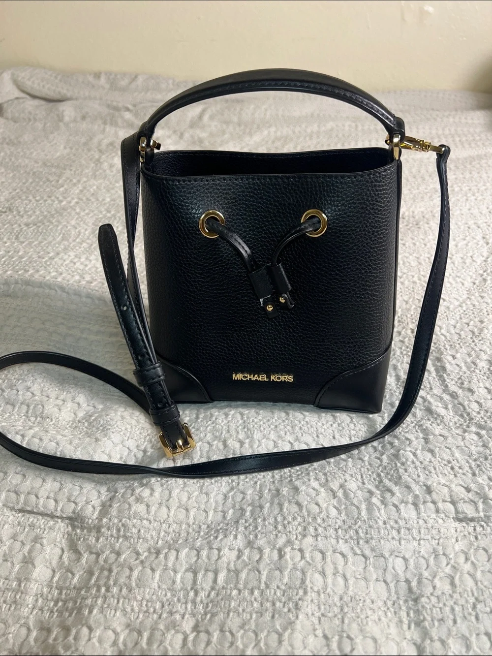 Michael Kors Black Pebbled Leather Drawstring Bucket Crossbody